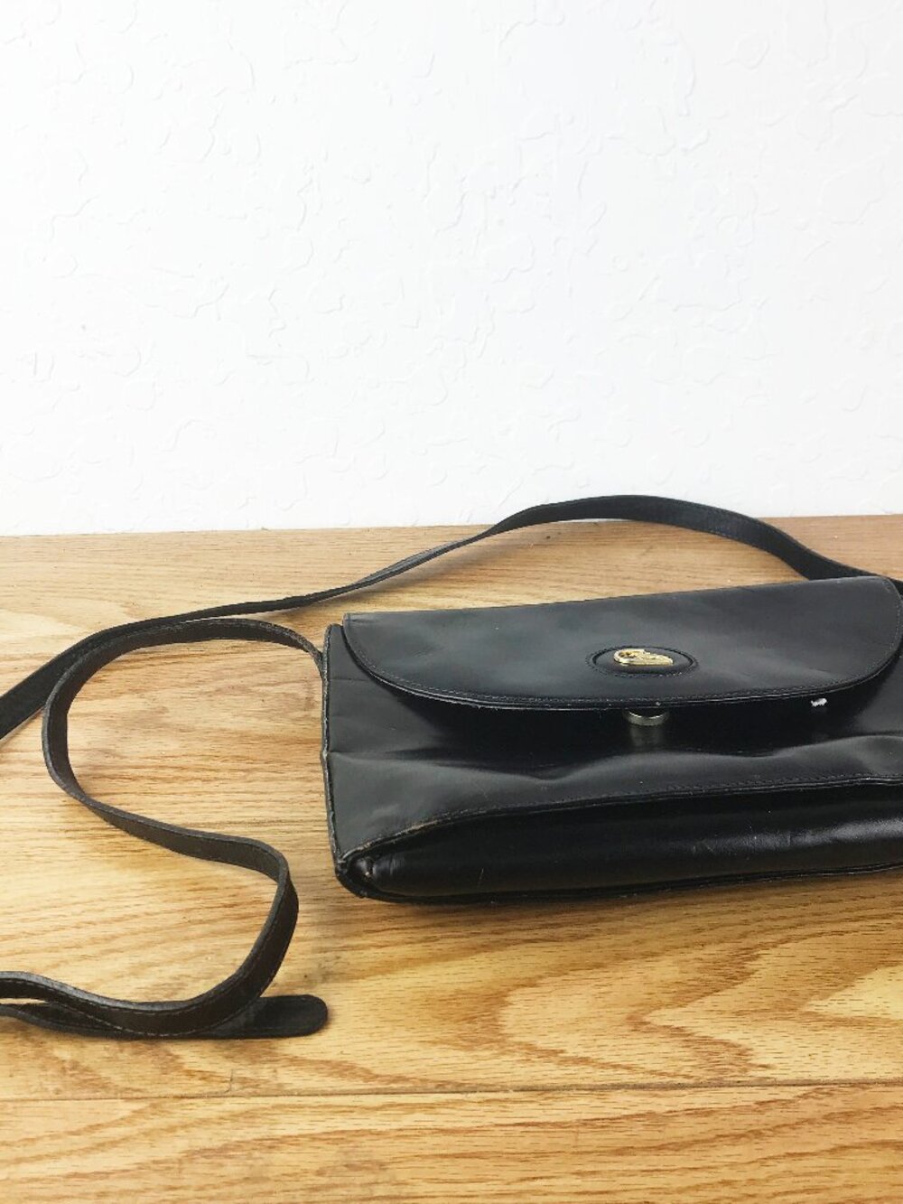 Vintage Cristian Italian Leather Black Crossbody Bag Gold Logo & Adjustble Strap